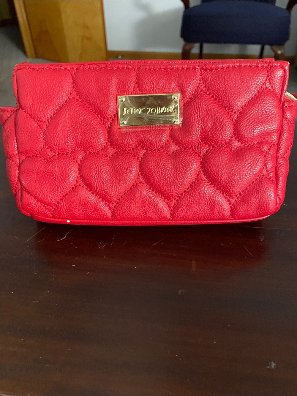 Betsey Johnson Red Quilted Heart Makeup Pouch with Gold Logo